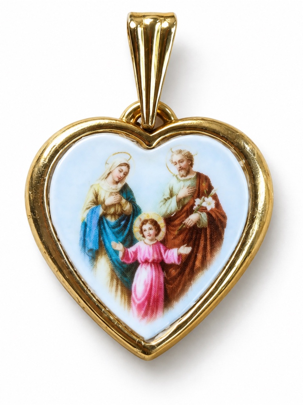 Vintage Italy Holy Family Heart Pendant Mary Joseph Jesus Religious Jewelry